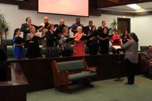 The choir sings at the celebration of Dr. Alfonso Flores 25th Anniversary of his pastorate at First Mexican Baptist Church that took place on June 14, 2015.