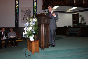 Pastor Flores speaks to the congregation during the celebration of the 25th Anniversary of his pastorate at First Mexican Baptist Church that took place on June 14, 2015. 