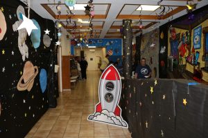 Decorations with the theme of “Galactic Starveyors” on display for the first day of Vacation Bible School on July 30, 2017.