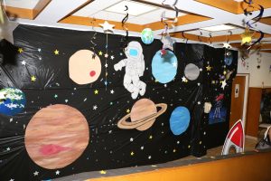 Decorations along the ramp to the sanctuary with the theme of “Galactic Starveyors” on display for the first day of Vacation Bible School on July 30, 2017. 